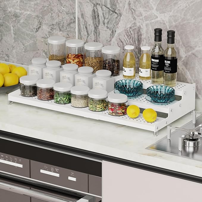 Expandable Spice Rack organizer with 3-Tier step shelf,Modern Design heavy duty,Non Skid and Visibility,Great for Kitchen Cabinet,Bathroom,dressing table,Cupboard, Pantry and more(1PACK/WHITE)