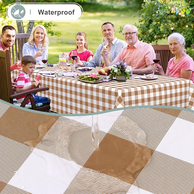 misaya Rectangle Waterproof Vinyl Table Cloth, Buffalo Flannel Backed Tablecloth, Wipeable Plastic Table Cover for Dinner, Kitchen, Outdoor (54" x 78", Brown and White)