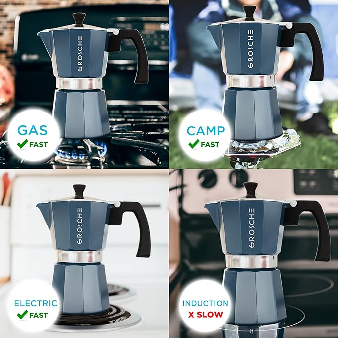 GROSCHE Milano Stovetop Espresso Maker Moka Pot 3 espresso Cup - 5 oz, Blue -Moka Espresso Coffee Maker Stove top coffee maker Moka Italian espresso greca coffee maker brewer percolator