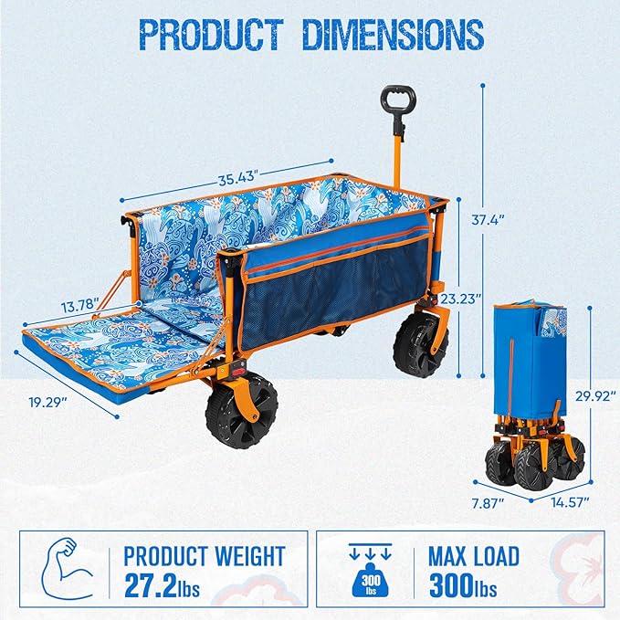 300lbs Extra Long 49" L Beach Wagon with Big Wheels for Sand, Collapsible Utility Beach Cart Heavy Duty Folding Wagon,Ideal for Outdoor Sand Camping Garden Pet