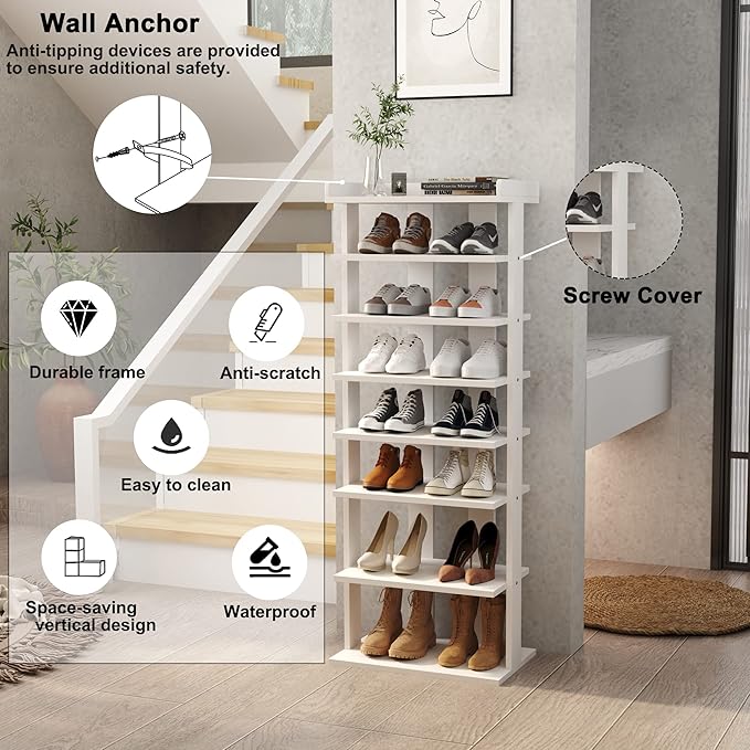 HOMEFORT 7-Tier Wood Shoe Rack, Double Rows 7-Tier Shoe Shelf, Shoe Storage Stand, Entryway Shoe Tower, Vertical Shoe Organizer Perfect for Narrow Closet, Entryway, Hallway, Bedroom in White