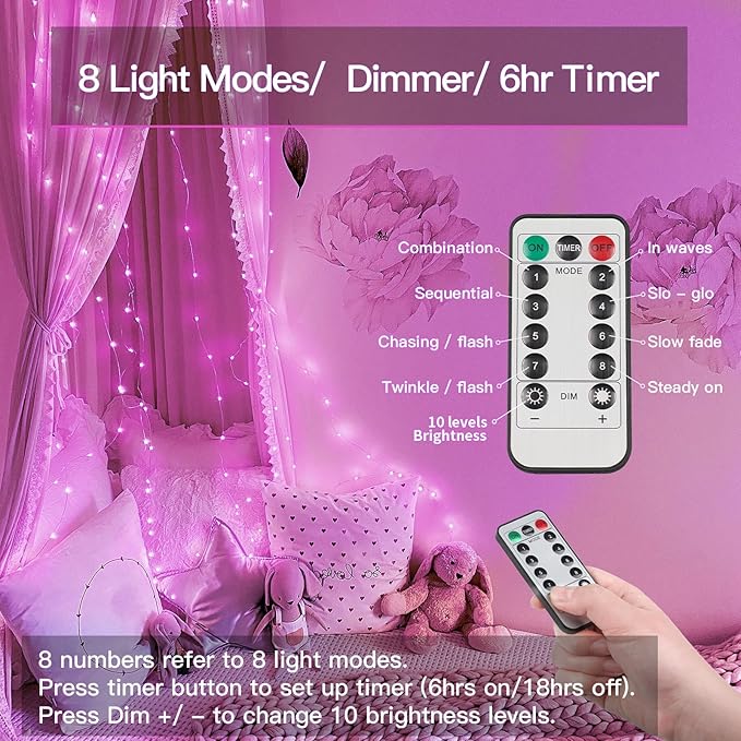 suddus Pink Fairy Lights Battery Operated Outdoor Waterproof, 33ft 100 Led String Lights with Remote, Twinkle Lights for Bedroom, Dorm, Tapestry, Christmas, Party Decorations