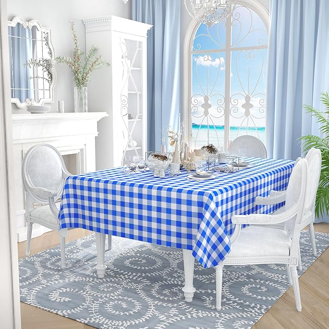 misaya Rectangle Waterproof Vinyl Table Cloth, Buffalo Flannel Backed Tablecloth, Wipeable Plastic Table Cover for Seaside, Picnic, Outdoor (60" x 144", White and Blue)