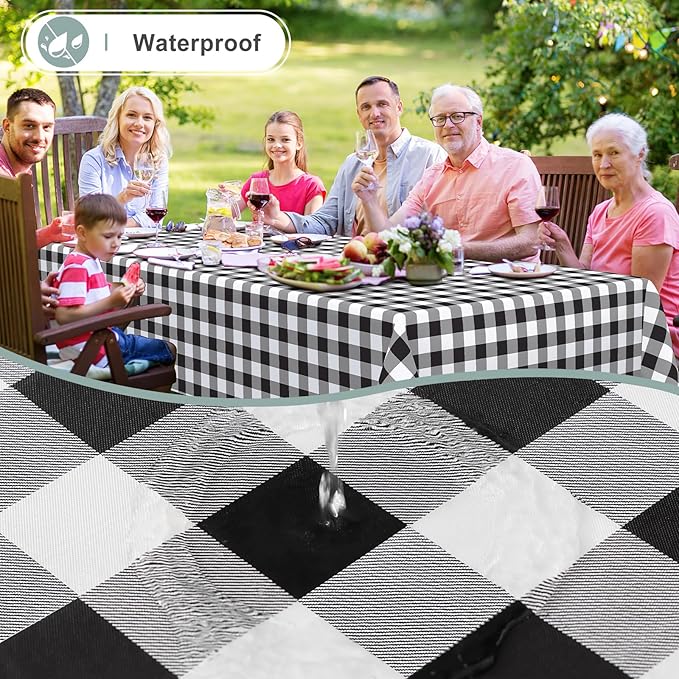 misaya Rectangle Waterproof Vinyl Table Cloth, Buffalo Flannel Backed Tablecloth, Wipeable Plastic Table Cover for Dinner, Kitchen, Outdoor (60" x 144", Black and White)