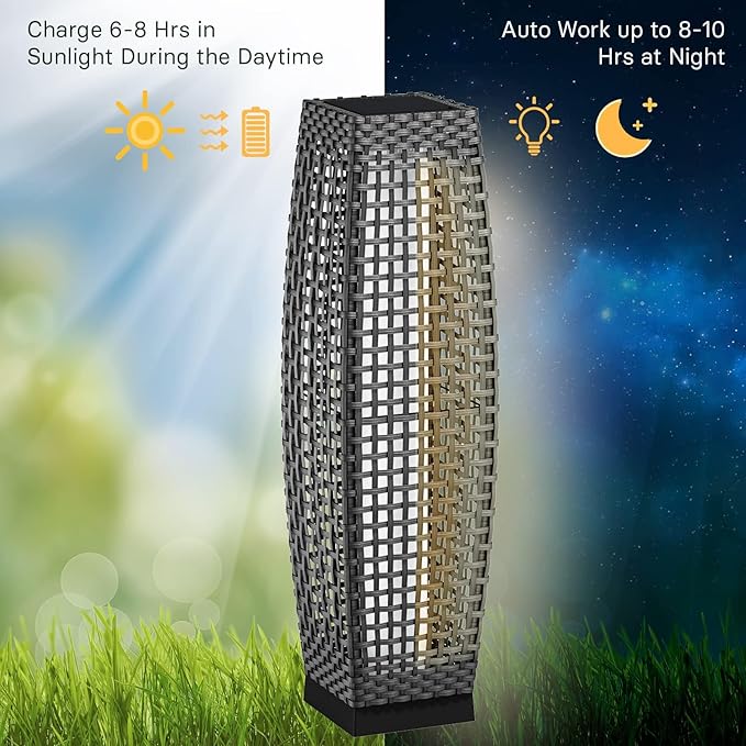 Grand patio 2-Piece Outdoor Floor Lamp Solar Powered Lantern Water-Resistant Wicker Deck Light for Garden or Porch - Medium Fuji, Silver Gray