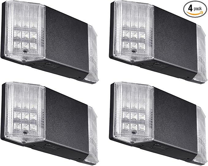 TORCHSTAR LED Emergency Lighting, Commercial Emergency Lights with Battery Backup, UL Listed, Two Square Heads, AC 120/277V, Hardwired Exit Light Fixtures for Business, Black, Pack of 4