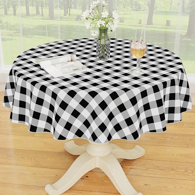 Smiry Round Plastic Table Cloth, Waterproof Vinyl Tablecloth with Flannel Backing, Wipeable Buffalo Plaid Table Cover for Dining, Indoor and Outdoor (Black & White, 60" Round)