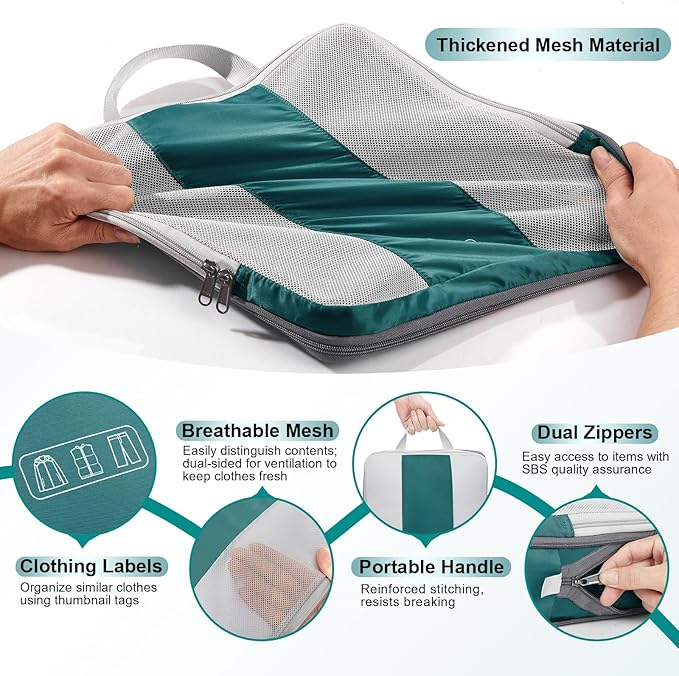 8 Set Compression Packing Cubes for Travel Essentials,Compressible Expandable Packing Cubes for Suitcase,OlarHike Luggage Organizer Bags for Travel,Handy Helper for Organizing Clothes(Dark Blue Green)