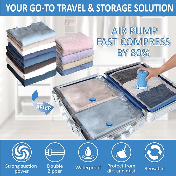 Cozy Essential Travel Vacuum Bags with Electric Pump, 10 Pack Vacuum Travel Bags for Luggage and Suitcase, Vacuum Seal Space Saver Compression for Clothes Clothing