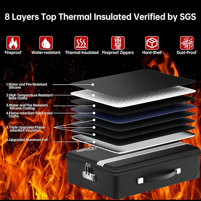 Fireproof Document Box with lock, File Organizer with Fireproof Zipper, Hard Shell Fireproof & Waterproof Storage box, Portable Safe for Home, Important Documents, Laptop, Black