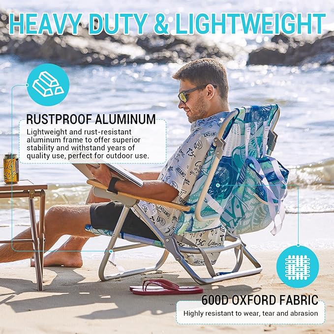 #WEJOY Folding Beach Chair for Adults, 4-Position Aluminum Lightweight Beach Chair, Low Sands Chairs with Shoulder Strap, Cup Holder and Padded Headrest, Supports 265lbs for Lawn