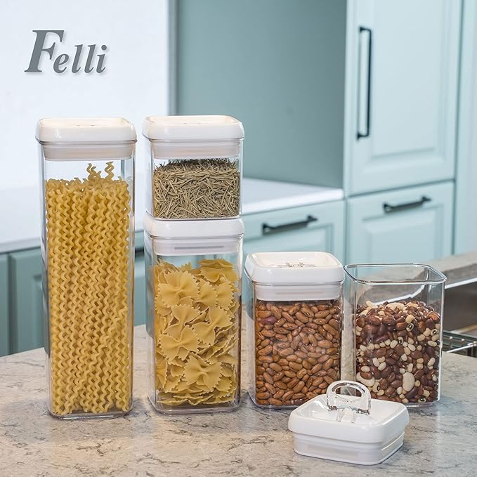 Felli Flip Tite Storage Container with Lid 4" Airtight Ring Seal Top, Stackable Acrylic Canister Jar Set for Kitchen Pantry Organizer, Food Spice Pasta Cereal Snack, Gifts for Women (5pk, Variety)