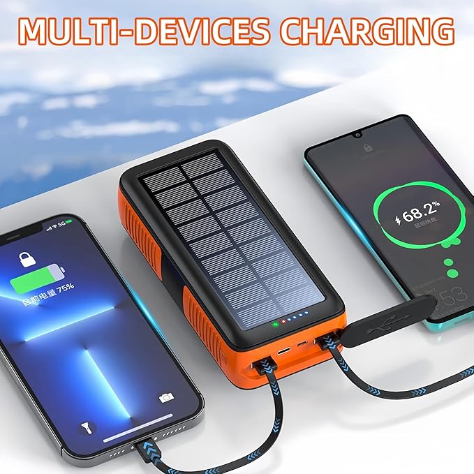 Solar Power Bank Portable Charger 63200mAh Battery Pack, Hand Crank Charger Dual Outputs Inputs 4 LED Flashlight, Fast Charging with Built in Cables Power for Phone Camping Emergency Travel (Orange)