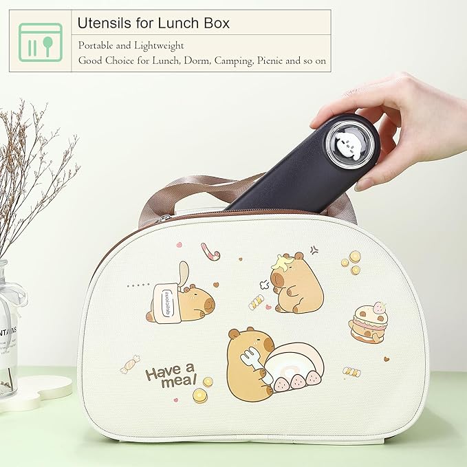 DEVICO Travel Utensils with Case Cute, Reusable Silverware for Lunch, Portable Cutlery Set, 18/8 Stainless Steel Fork Spoon Chopsticks in Cartoon Case, Dishwasher Safe (Black)