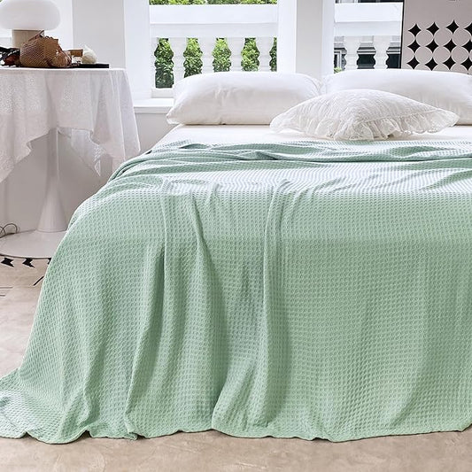 AmyHomie Cooling Blanket Queen Size, 100% Rayon Derived from Bamboo,Cool Summer Blanket for Hot Sleepers Soft Comfy Waffle Lightweight Blankets for All Seasons(90×90in,Sage Green)