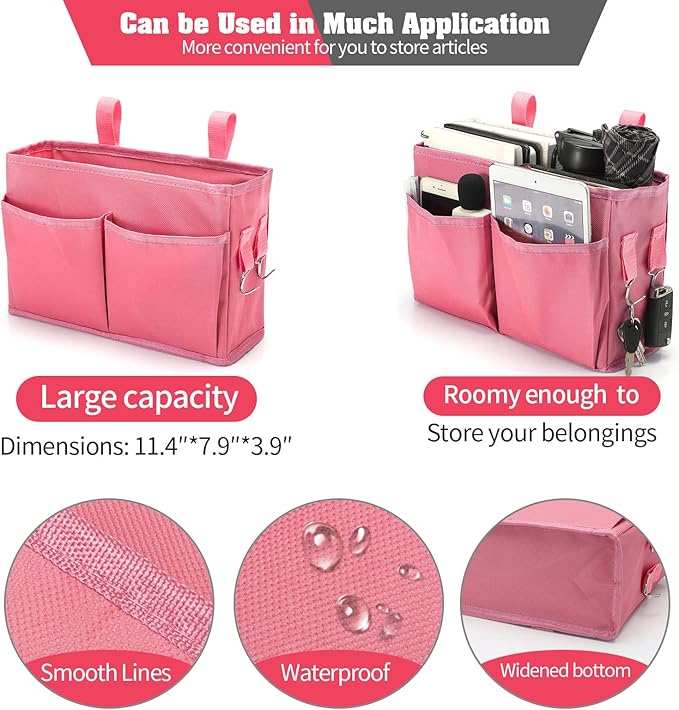Bunk Bed Organizer, Bedside Caddy Hanging Bed Organizer Storage Bag with 4 Pockets and 2 Hooks, for College Dorm Rooms Bed, Hospital Bed, Baby Bed Rails, 600D Oxford Cloth (Pink)