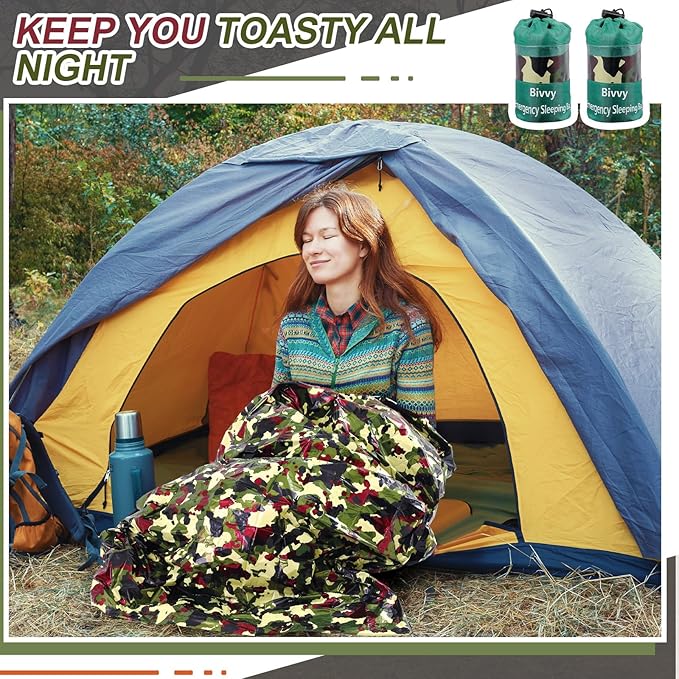 Preboun 10 Pcs Emergency Sleeping Bag Portable Lightweight Survival Bag Thermal Bivy Sack Waterproof Emergency Blanket Survival Gear for Outdoor Camping Hiking Homeless People Shelter (Camouflage)