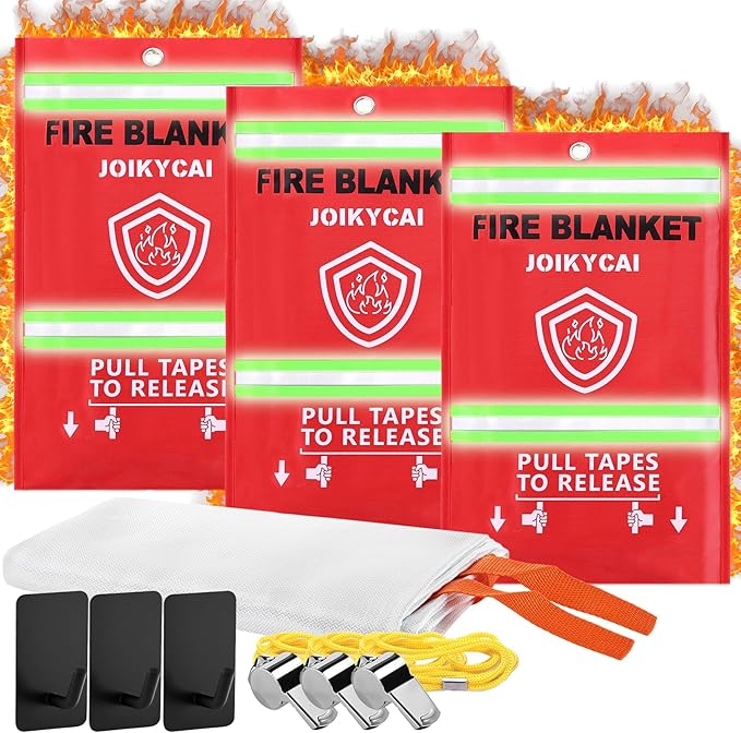 Emergency Fire Blanket Fire Suppression Blanket for Kitchen Fiberglass Fire Blanket Fireproof Blanket Grill Home School Fireplace Car Office Warehouse House Camping Metal Hook Whistle 40"x40" 1 Pack