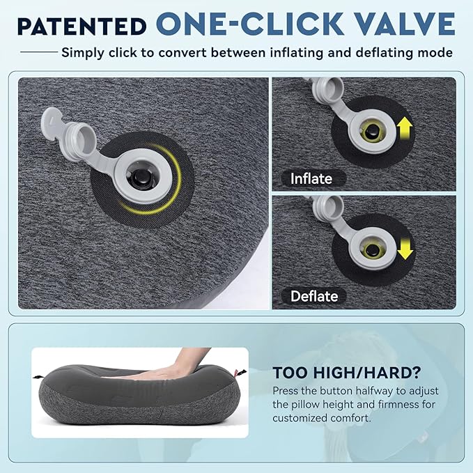 Hikenture Camping Pillow Ultralight, Inflatable Pillows with Removable Cover, Compact Portable Backpacking Pillow, Ergonomic Blow Up Camp Pillows, Washable Air Pillow for Hiking, Beach, Travel (Grey)