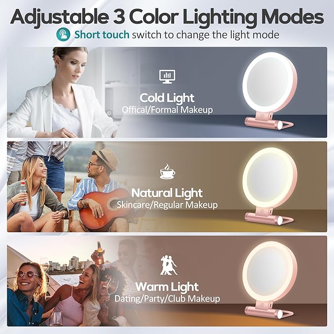 B Beauty Planet Magnifying Mirror with Light 30X, Double-Sided 1X/30X Magnifying Makeup Mirror with Tweezer, 2000mAh 3 Colour Modes with Adjustable Brightness,Foldable Compact Travel Mirror(Rose Gold)
