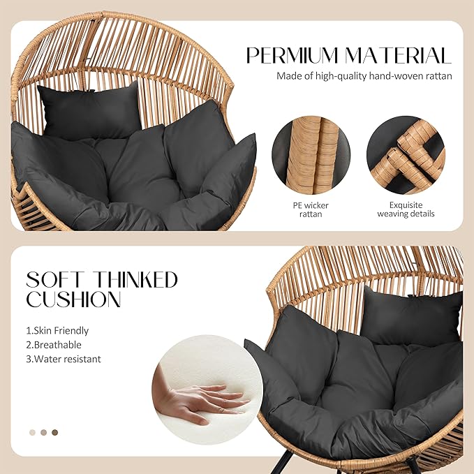 JAMFLY Egg Chair Outdoor Rocking Chairs, Wicker Patio Chair Oversized Lounger Chair with Cushion for Indoor Living Room Bedroom Outside Patio Backyard Balcony, Gray Cushion