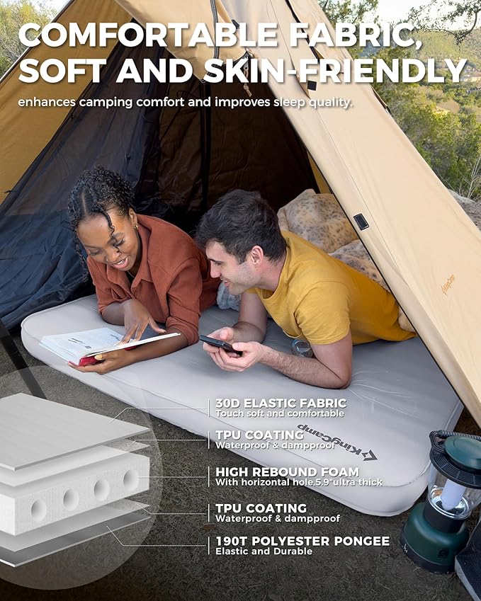 KingCamp Self Inflating Sleeping Pad, 6" Ultra Thick R 15.5 Air & Foam Camping Mattress 2 Person, Full Size Double Sleeping Pad for Camp Tent Outdoor Car, PVC Free (Mediumgrey)