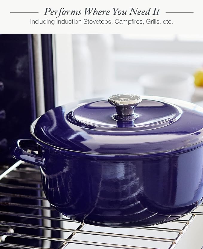 Merten & Storck 7QT Round Dutch Oven Casserole Pot with Lid, European Crafted Enameled Iron Stockpot, Induction & All Cooktops, Braising, Stews, Roasting, Slow Cooking, Sourdough, Cobalt Blue