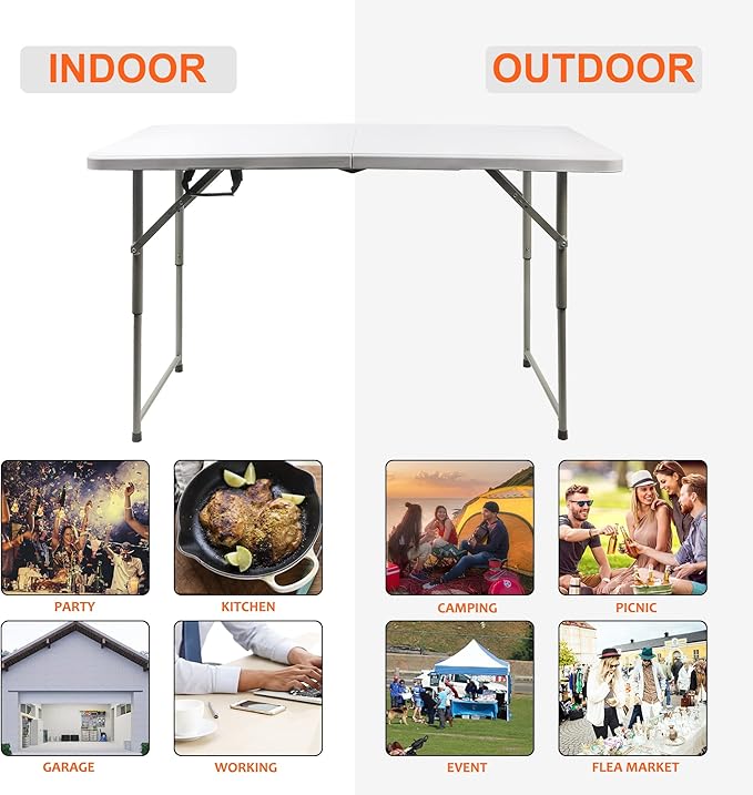 FORUP Folding Utility Table, 4ft Fold-in-Half Portable Plastic Picnic Party Dining Camp Table