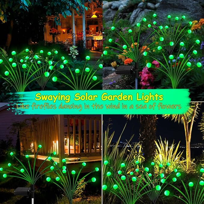 Kohlrabi Solar Garden Lights Outdoor, 2 Pack 20 LED Solar Green Firefly Lights, Waterproof Wind Swaying Light for St. Patrick's Day Irish Day Outside Yard Patio Decoration