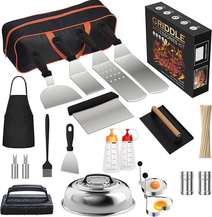 120 Pcs Griddle Accessories Kit for Blackstone - Perfect Flat Top Grill Accessories for Outdoor, Professional Round Melting Dome with Cast Iron Smash Burger Press for Barbecue.