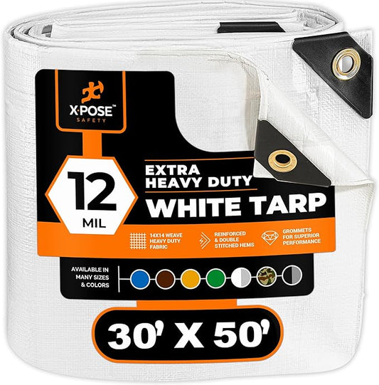 Heavy Duty White Poly Tarp 30' X 50' - Multipurpose Protective Cover - Durable, Waterproof, Weather Proof, Rip and Tear Resistant - Extra Thick 12 Mil Polyethylene - by Xpose Safety
