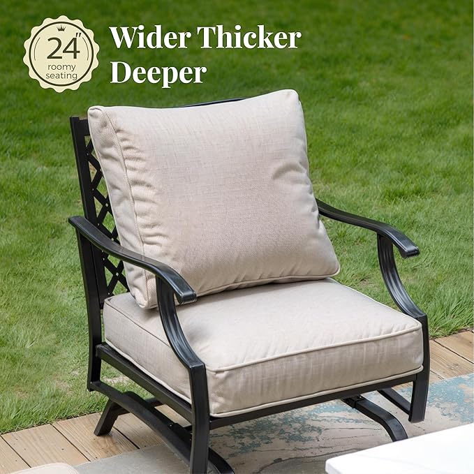 Patio Furniture Set with Fire Pit Table, 5 Pcs Metal Outdoor Conversation Set, 4 Rocking Chairs with 5.75" Extra Thick Cushion and 28" Fire Pit Table for Backyard Deck, Beige