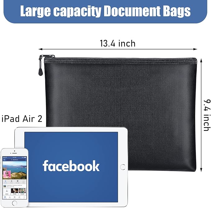 Epakh 6 Pack Fireproof Document Bags 13.4 x 9.4 Inch Waterproof and Fireproof Money Bag Document Holder with Zipper Fireproof Safe Storage Bag for A4 Documents, Money, Passport and Tablet