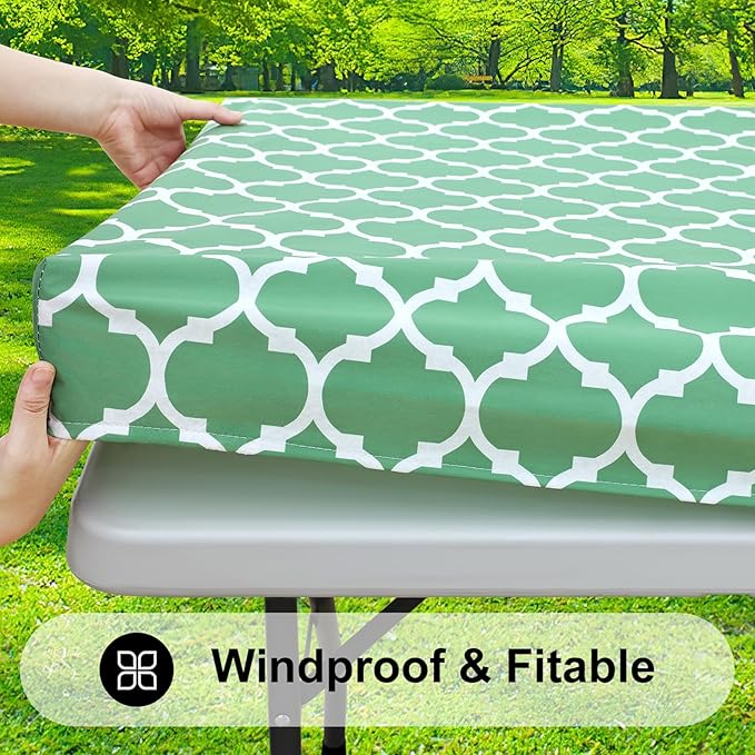 Smiry Rectangle Picnic Table Cover, Waterproof Elastic Fitted Camping Tablecloths for 4 Foot Tables, Wipeable Flannel Backed Vinyl Tablecloth Protector for Indoor, Outdoor (Sage Green, 30x48 Inches)