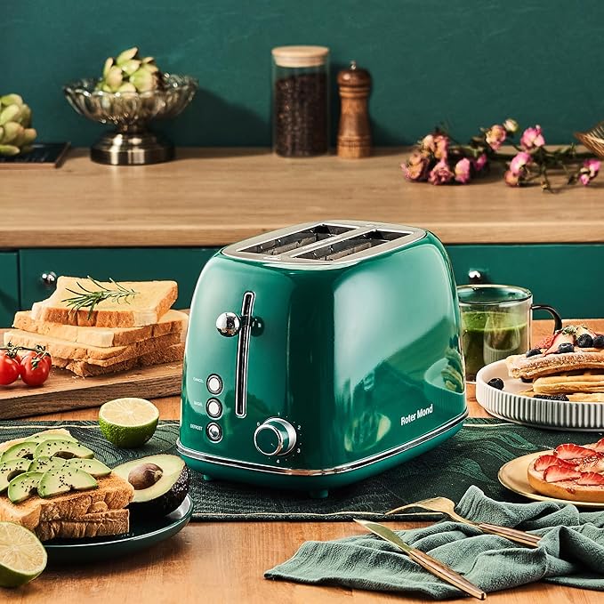 Roter Mond 2 Slice Toaster Retro Stainless Steel with Bagel, Cancel, and Defrost Functions, 6 Bread Shade Settings, Extra Wide Slots and Removable Crumb Tray, Green