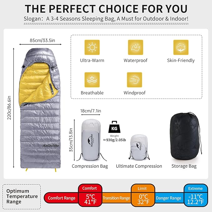 Naturehike Ultralight Down Sleeping Bag, 650FP Backpacking Sleeping Bag for Adults, 42℉ Waterproof Sleeping Bags for Camping, Hiking, Traveling with Compression Sack