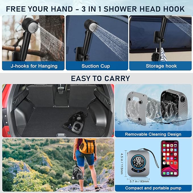 Portable Shower for Camping, [Upgraded] Spopal 8000mAh Rechargeable Camping Shower with 5 Adjustable Speeds, 4 Spray Modes, LED Display, IPX8 Waterproof Outdoor Shower Kit for Hiking, Travel, Car, Pet