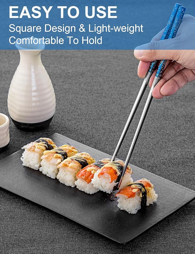 Metal Chopsticks Reusable 2 Pairs Titanium Plated Stainless Steel Chopsticks with Holder, Dishwasher Safe Non-Slip Japanese Style Chop Sticks Present Set (Blue Silver)