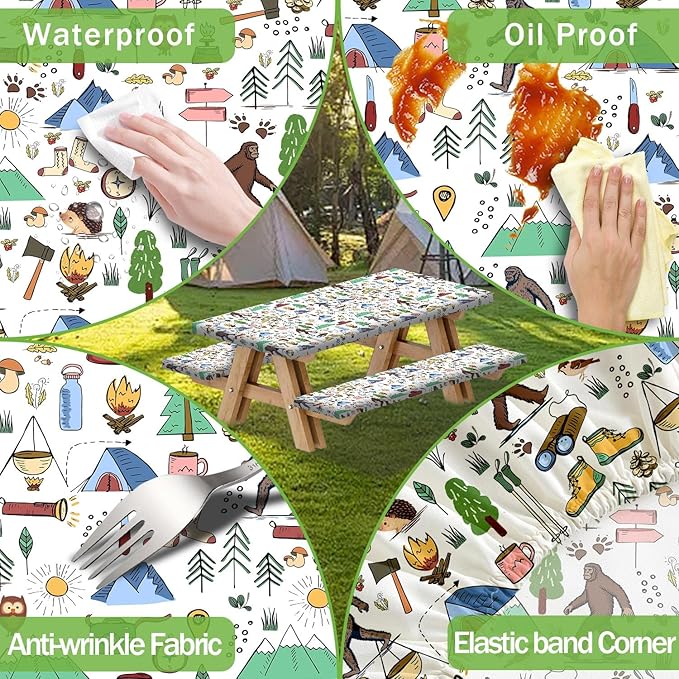 JAWO Picnic Table Covers with Bench Covers Camping Big Foot Adventure Tablecloth 8FT for 8 Person Fitted Picnic Table Cover with Elastic Windproof Waterproof Fabric, Camp Accessories Patio & Outdoor