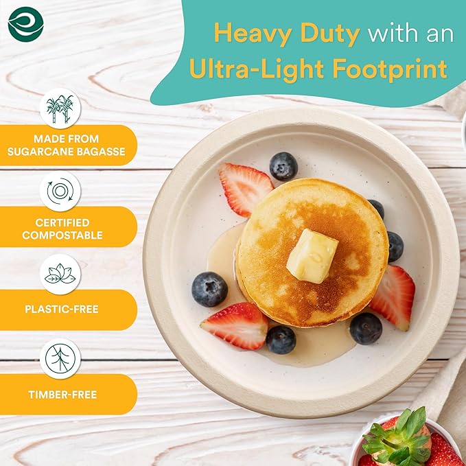ECO SOUL 100% Compostable 9 Inch Paper Plates 1000 [8x125 Pc] Disposable Heavy Duty Eco-Friendly Sturdy Dinner, Wedding, Event Plates I Biodegradable Unbleached Sugarcane Eco Plates