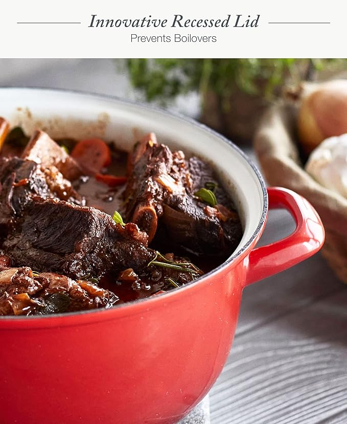 Merten & Storck 7QT Round Dutch Oven Casserole Pot with Lid, European Crafted Enameled Iron Stockpot, Induction & All Cooktops, Braising, Stews, Roasting, Slow Cooking, Sourdough, Foundry Red