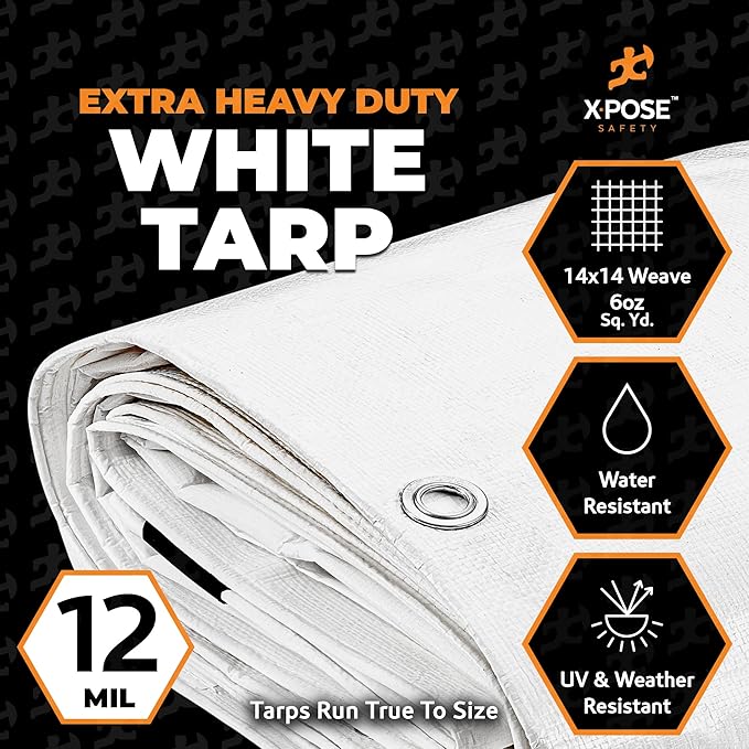 Heavy Duty White Poly Tarp 40' X 60' - Multipurpose Protective Cover - Durable, Waterproof, Weather Proof, Rip and Tear Resistant - Extra Thick 12 Mil Polyethylene - by Xpose Safety