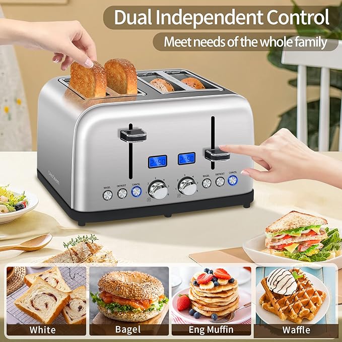 SEEDEEM Toaster 4 Slice, LCD Display, 6 Shade Settings, 1.5'' Wide Slots, Digital Stainless Toaster for Bagel, Defrost, Reheat, Dual Control, Removable Crumb Tray, 1500W, Silver Metallic