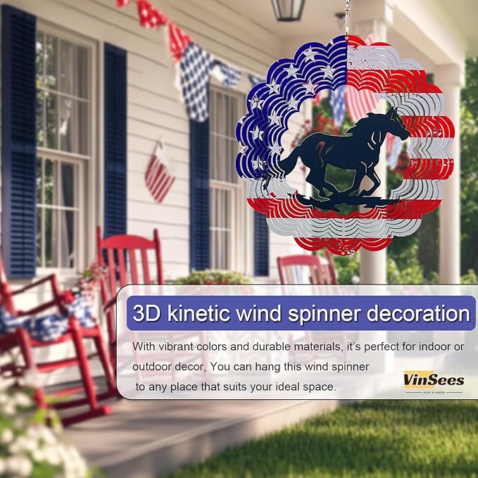 3D Patriotic Horse Wind Spinner Decor - 12 Inch Metal Garden Art, Rust-Proof Outdoor Hanging Decorations, Patriotic American Flag Design, for Horse Lovers(Horse)