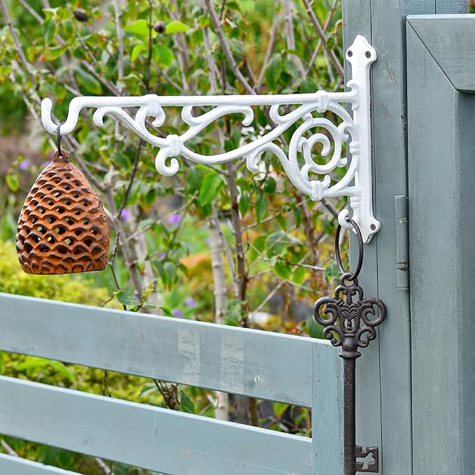 Sungmor Cast Iron Hanging Plant Bracket, 16.5" Large Outdoor Wall Plant Hangers, 2pcs White Heavy Duty Hanging Basket Hooks, Decorative Hooks for Flower Pot, Lantern, Wind Chime, Hummingbird Feeder