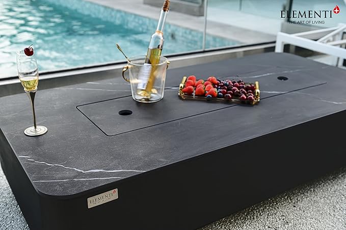 Elementi+ | Bundle Valencia Gas Fire Pit | Concrete Body & Marble Porcelain Top | 62" Rectangular Fire Table | Electronic Ignition | Canvas Cover, Fire Glass, Burner Lid & More | Black | Natural Gas