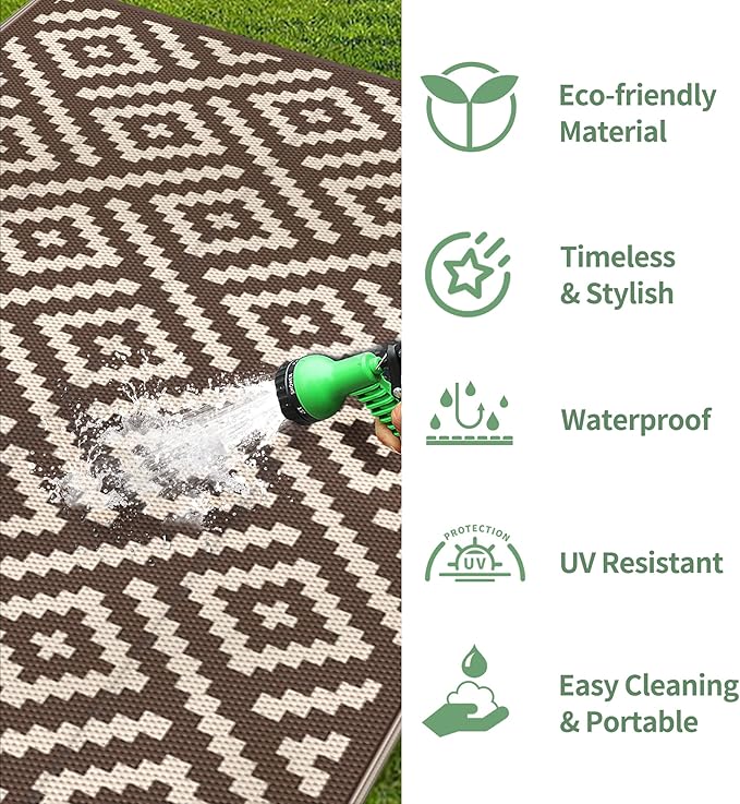 GENIMO 5x8 Outdoor Rug Waterproof, Reversible Mats, Outdoor Area Rug, Plastic Outside Carpet, Geometric Rv Mat for Patio Camping Rv Picnic Backyard Deck Balcony Porch Beach Trailer (Coffee&Beige)