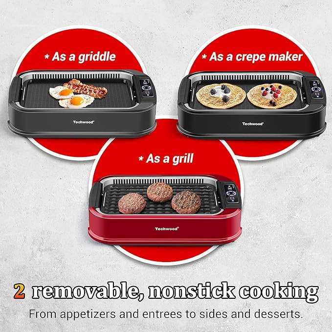 Indoor Smokeless Grill, Techwood 1500W Electric Indoor Grill with Tempered Glass Lid, Portable Non-stick BBQ Korean Grill, Turbo Smoke Extractor Technology, Drip Tray& Double Removable Plate, Black