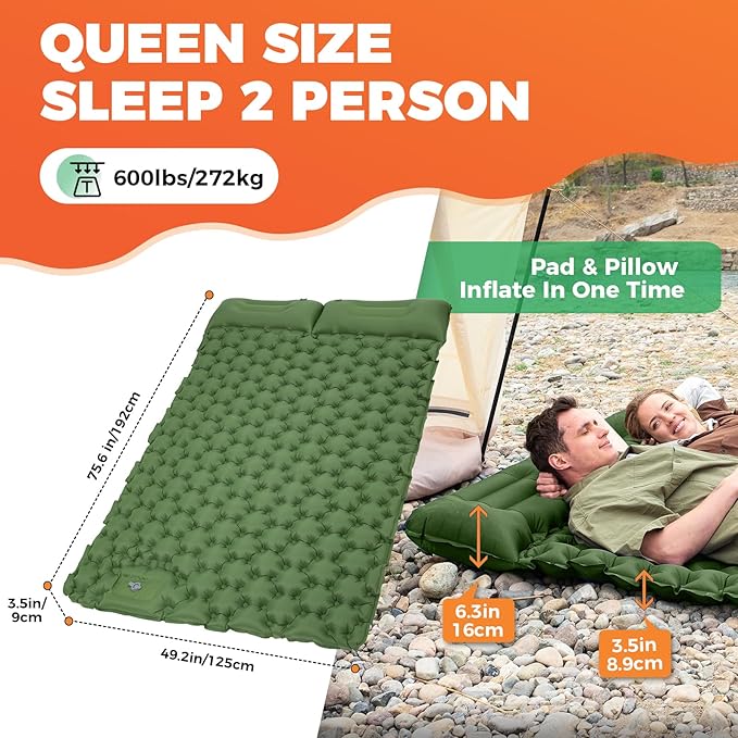 KingCamp Sleeping Pad for Camping, Ultralight Connectable Inflatable Sleeping Pad Camping Mattress with 6.3" Built-in Pillow & Foot Pump for Backpacking Hiking Tent Cot