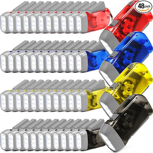 Leelosp 48 Pcs Hand Crank Flashlight No Battery Required Cranked Flashlight Manual Press Flash Light 3 LED Squeeze Light for Camping Hiking Power Outage Gift(Red Blue Yellow Gray)